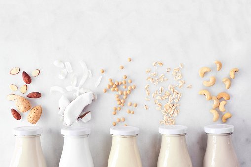 Vegan, plant based, non dairy milk. Variety in milk bottles with ingredients.