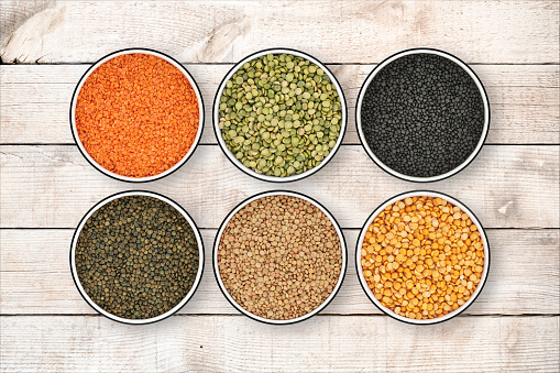 lentils: Brown lentil, green lentil, red lentil, green pea, split pea, black lentil