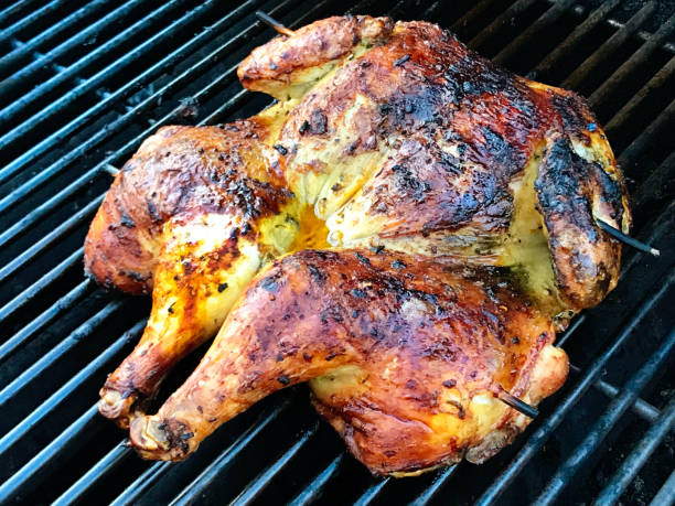 Grilling whole butterflied chicken Close-up